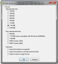 Selecting the disk image size in WinImage